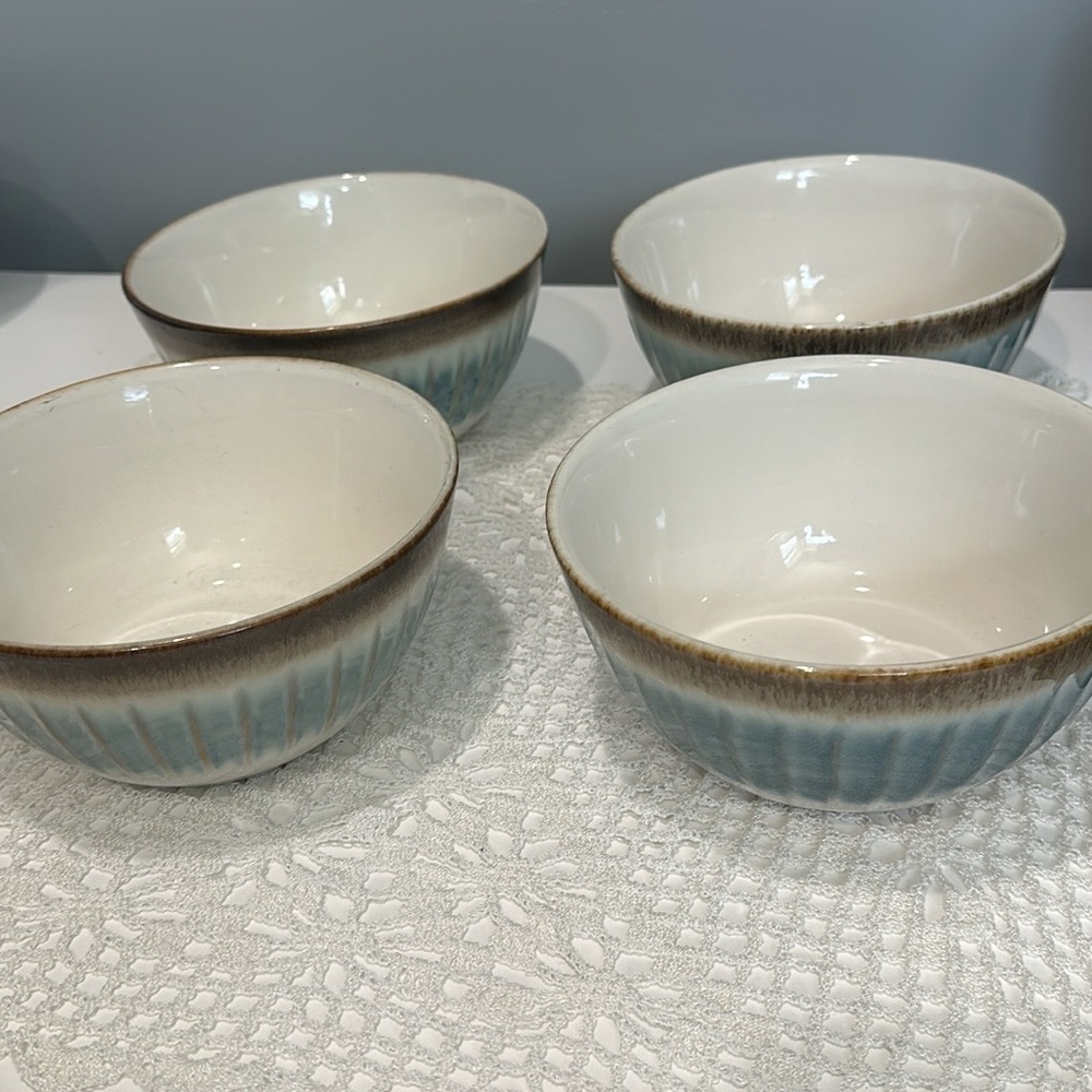 Laurie Gates California Design Glazed Stoneware Cream Brown Blue Bowls set of 4